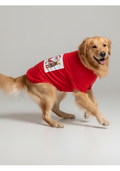 Noel Baba Ve Geyik Baskılı Kırmızı Pamuklu Yılbaşı Köpek Tişörtü Orta Ve Büyük Irklar İçin