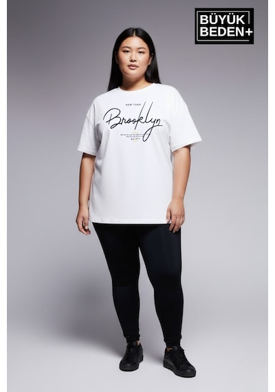 Superlife Süperlife Kadın Büyük Beden El Yazılı Brooklyn Baskılı 3xl-6xl Bisiklet Yaka Tshırt Spr25btsk510-6 Beyaz