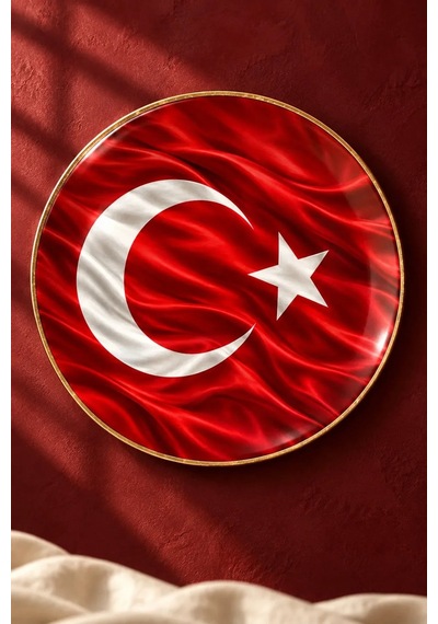 Dekoratif Duvar Tabağı Al Bayrak Zarafeti Dekorlu Seramik Tabak Bej