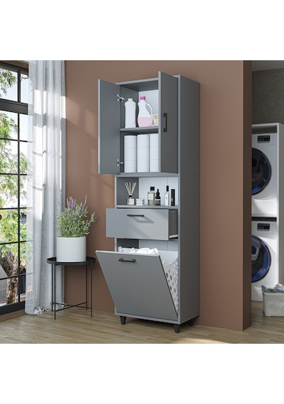 Çamaşır Sepetli Banyo Dolabı, Çok Amaçlı Çekmeceli Dolap 60 X 200 Cm Kül Gri