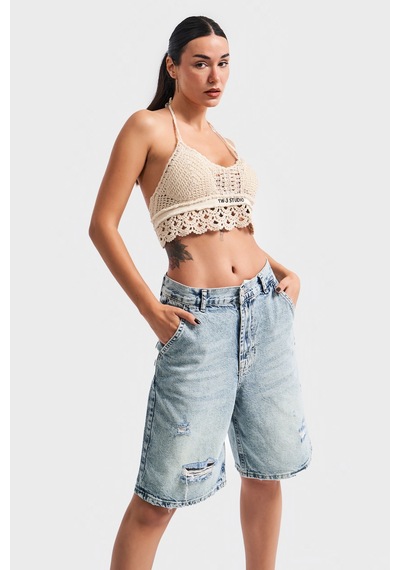 it's basic Kadın G Kot Rengi Baggy Fit Bol Kesim Yırtık Detaylı Denim Şort Lazer Kot Rengi