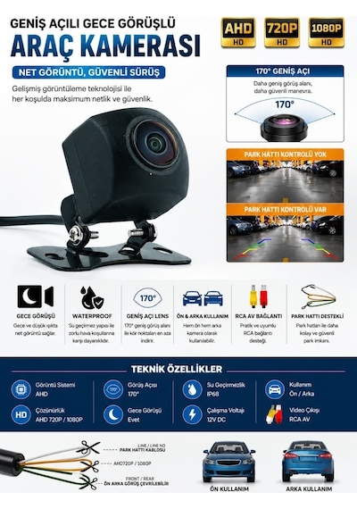 7 İnç Ön Arka Görüş Monitörü 2 Kameralı Ahd Gece Görüşlü Park Sistemi 12v-24v