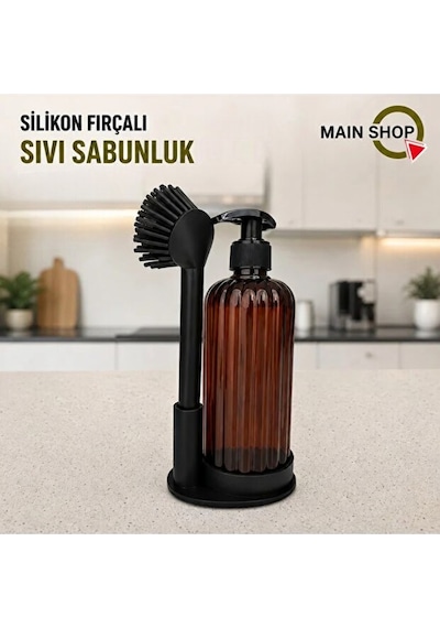 Mainshop Sıvı Sabunluk Yumuşak Silikon Fırçalı Set -bulaşık Deterjanı-çamaşır Suyu - Amber Şişe 500 Ml M-166