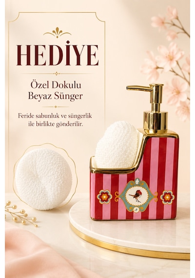 Feride Love Birds Porselen Sabunluk Ve Süngerlik Altın Pompalı, Hediye Süngerli Mutfak & Banyo Düzenleyici, 17 X 8 X 10 Cm Kırmızı - Pembe