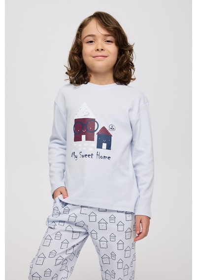 Panço Erkek Çocuk Ev Desenli Pijama Takımı Mavi