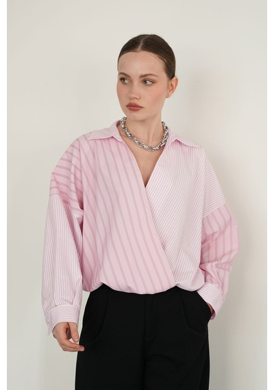 Verymoda Yakadan Etek Ucuna Capraz Dikim Gömlek F2094 Pembe Pembe