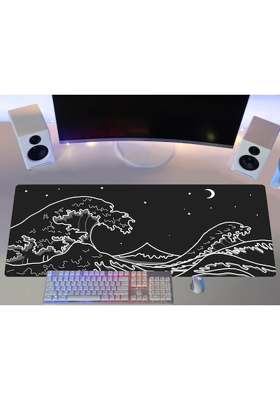 Gamer Mouse Pad 90x40 Mouse Pad Xxl Büyük Oyuncu Kanagawa Mousepad Black Kanagawa, 90x40 Cm 3mm Kalınlık