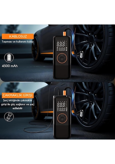 Şarjlı Hava Kompresörü 150 Psı - 4500 Mah Taşınabilir Araba Lastik Şişirme Kompresörü Flaş Işıklı - Ayarla Diğer