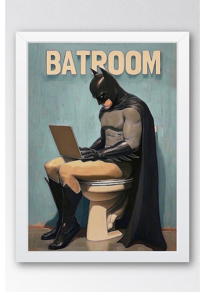 Tuvalette Laptop Kullanan Batman Çerçeveli Tablo - Wc Tuvalet İçin Tablo