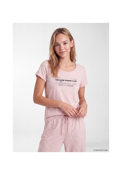 Lcw Dream Pembe Bisiklet Yaka Baskılı Kadın Kaprili Pijama Takımı