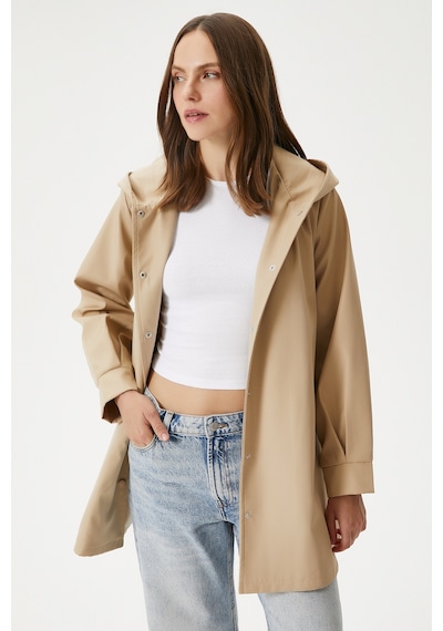 Ritnice Kadın Trendy Kapüşonlu Çıtçıtlı Bej Trençkot Bej