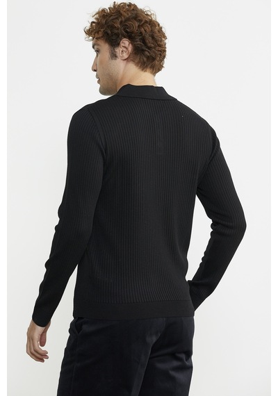 Sementa Polo Yaka Fitilli Triko Kazak - Siyah 001