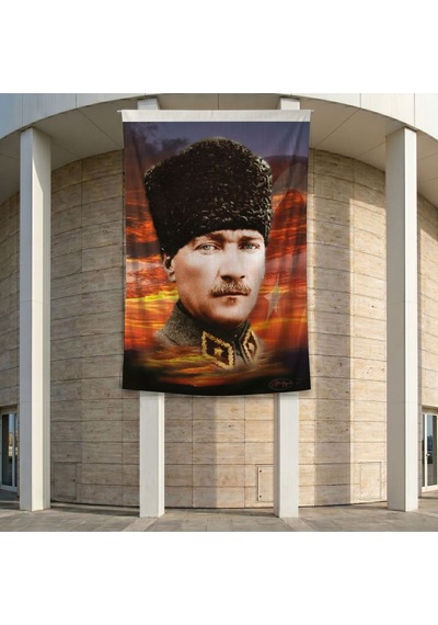 Üniformalı Kalpaklı Gazi Mustafa Kemal Atatürk Poster Bayrak Premium Raşel Kumaş Ata20 2x3m Diğer
