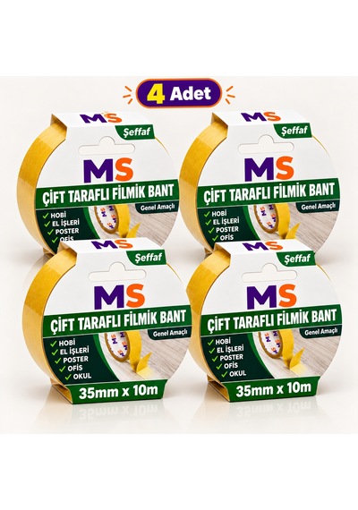 4 Adet Çift Taraflı Filmik Şeffaf Bant 35 Mm X 10 Metre Yapışkanlı Hobi Bandı El Çok Amaçlı Bantları