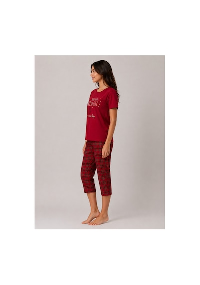 Pijamask Kadın Bordo Ekose Kapri Pijama Takımı Bisiklet Yaka Kısa Kollu Rahat Ev Giyim P100-887 Kırmızı