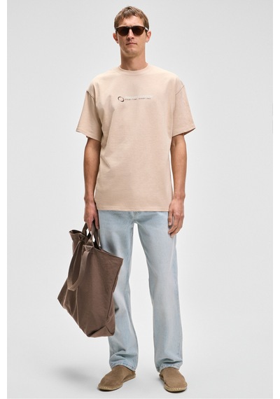 Grimelange MANOL Erkek Bisiklet Yaka %100 Organik Pamuklu Oversize Fit Bej T-Shirt