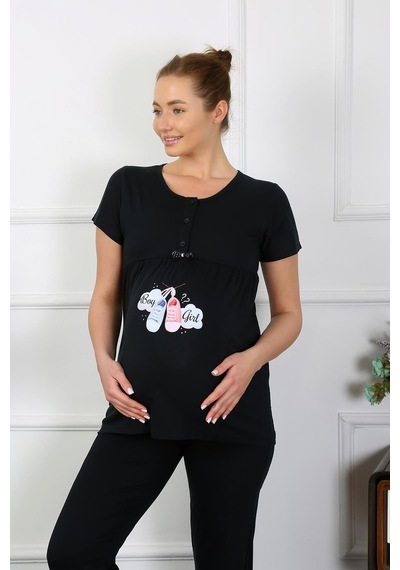 Akbeniz Kadın Kısa Kol Hamile Lohusa Pijama Takımı Siyah 45210-siyah