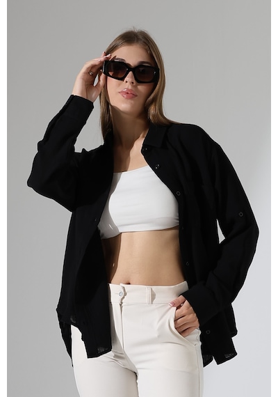 Oversize Basic Müslin Gömlek Siyah