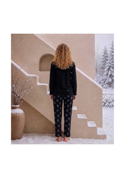 Pijamoni Kadın Waffle Kumaş Önden Düğmeli Uzun Kollu Pijama Takımı Siyah