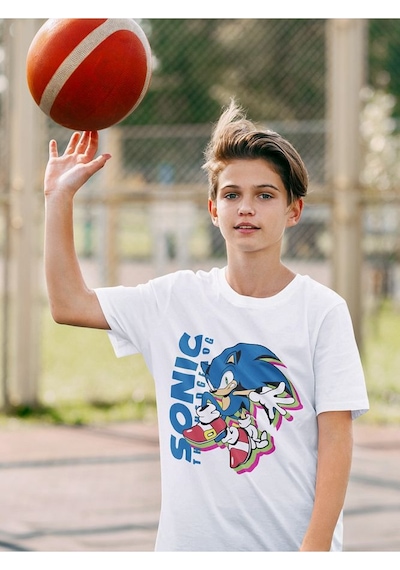 Sevbano Sonic The Hedgehog Baskılı Unisex Oyun Çocuk Tişört 1-12 Yaş Beyaz