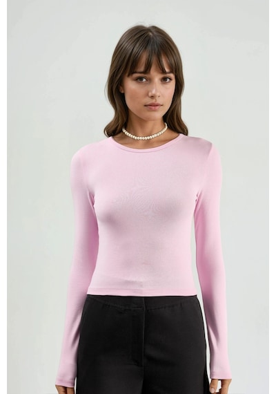 Hiccup Busem Uzun Kollu Yuvarlak Yaka Bluz Toz Pembe