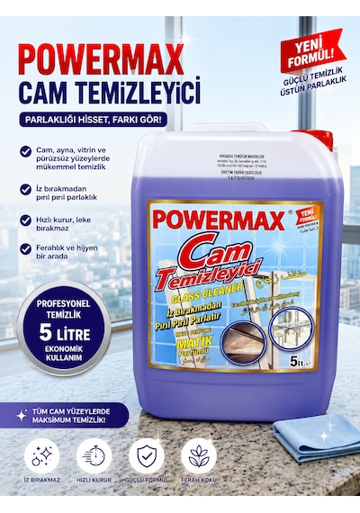Powermax Cam Temizleme Suyu 5l Cam Ve Parlak Yüzeyler İçin Etkili Temizlik