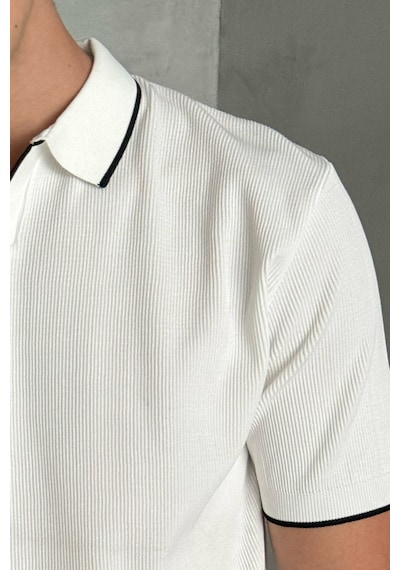 Erkek Oversize Selanik Polo Yaka Triko T-shirt Beyaz