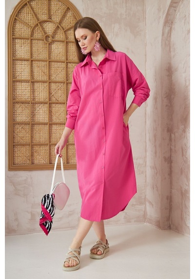 Yıldızistan Kadın Uzun Kol Poplin Cepli Oversize Günlük Spor Tunik Gömlek Elbise Fuşya Pembe 3555352