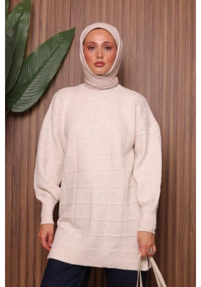 Balenbi Kare Dokulu Oversize Yumoş Tesettür Triko Tunik 7012 Ekru