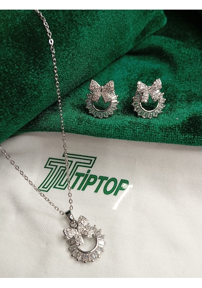 Tiptop/ Gümüş Renk Zirkon Taşlı Baget Fiyonk Model Kolye Ve Küpe Seti Gümüş