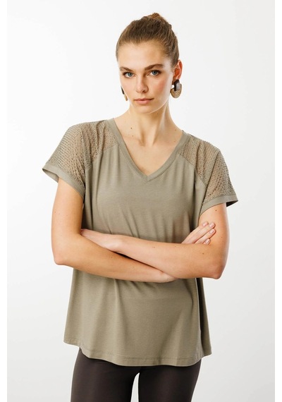 Desen Triko V Yaka Omuzları Taş Baskılı Penye Kadın T-shirt 25836 Haki