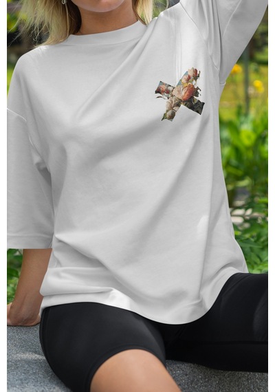 Spoyi Vintage Flower X Tasarımlı %100 Pamuk Yarım Oversize Beyaz T-mhirt