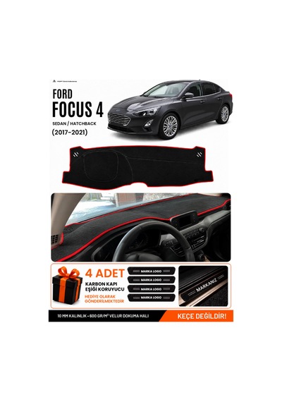 Ford Focus 4 2017-2021 Uyumlu Torpido Örtüsü, Torpido Kılıfı - Siyah Kırmızı