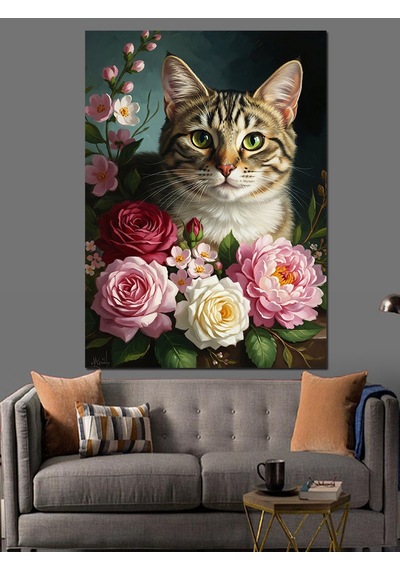 Ahşap Tablo Pembe Güller Arasında Meraklı Kedi