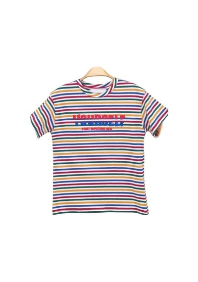 Cicihlid Çocuk Çizgili Pamuklu T-shirt-15895 Renkli