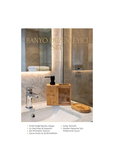 Kamptek Ahşap Bambu Banyo Düzenleyici Set - Katı + Sıvı Sabunluk Ve Diş Fırçalık Organizer Renkli