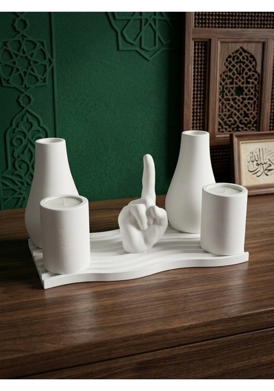6 Parça İslami Ev Dekorasyon - Tevhid Heykeli Mumluk Vazo Seti - Tealight Mum Hediyeli