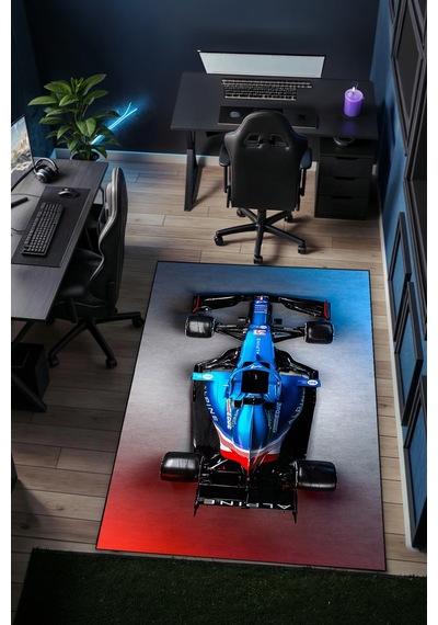 Formula 1 Mavi Yarış Arabası Halı Kaymaz Taban Yıkanabilir Çocuk Odası Halısı F1.3