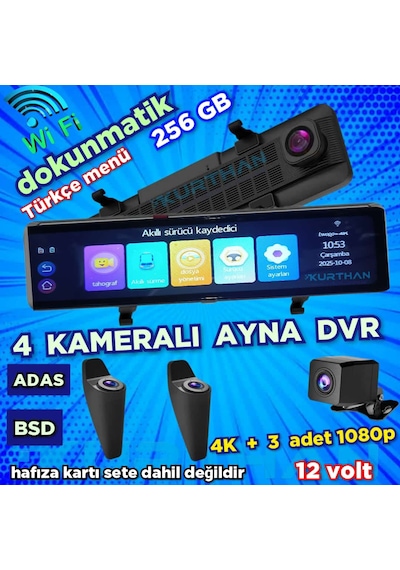 4 Kameralı 11.26'' Dokunmatik Dvr Ayna Monitör 256 Gb 12 Volt Adas-bsd Wifi
