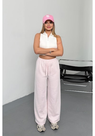 Giysa Kadın Beli Lastikli Bol Paça Çizgili Pantolon Pembe - 26y 5004