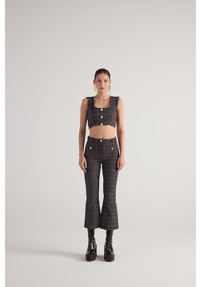 Holly Lolly İspanyol Kesim Tüvit Tweed Pantolon Siyah