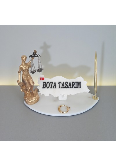 Doğal Beyaz Mermer İsimlik Sümen Takımı Kalem Ve Terazi Metal Ay Yıldızlı