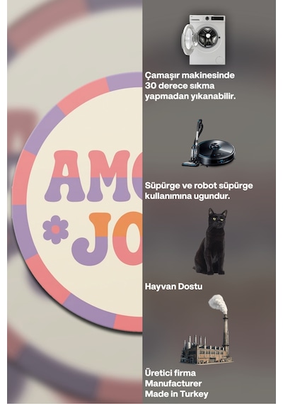"aura" Serisi - Amour Joie Yazılı Retro Yuvarlak Krem Mor Pastel Dokuma Taban Dekoratif Halı Aura26 Çok Renkli