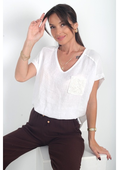 By Saygı Kadın İtalyan Cotton V Yaka Örgü Dantel Tek Cepli Oversize Keten Bluz Ekru