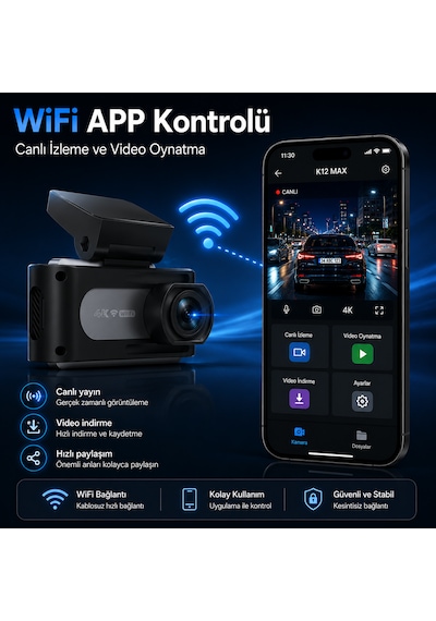 K12 Max 4k Araç Içi Kamera Ön 4k + Arka Hd Kayıt, Wifi Destekli, Gece Görüşlü, 24 Saat Park Modlu Gizli Araç Kamerası