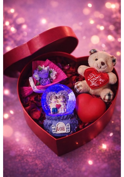 Sevgiliye Romantik Hediye Kutusu Işıklı Kalp Mor Kar Küresi Peluş Ayıcık Ve Gül Buketi Hediye Seti02 Çok Renkli