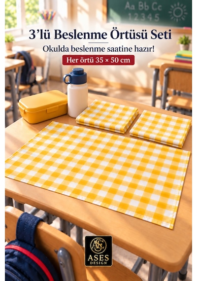 3 Lü Set Yıkanabilir Beslenme Örtüsü 35x50 Cm Sarı Beyaz Kareli - Anaokulu Ve İlkokul