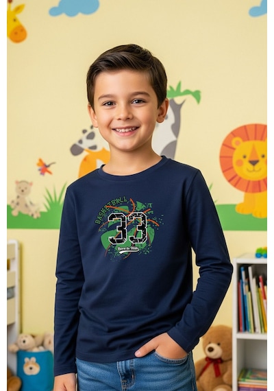 Fyk Kids Sıfır Yaka Basketball Baskılı Erkek Çocuk Sweatshirt Indigo