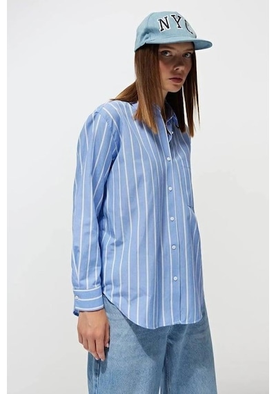 Mixray 4367 Kadın Çizgili Oversize Gömlek Mavi