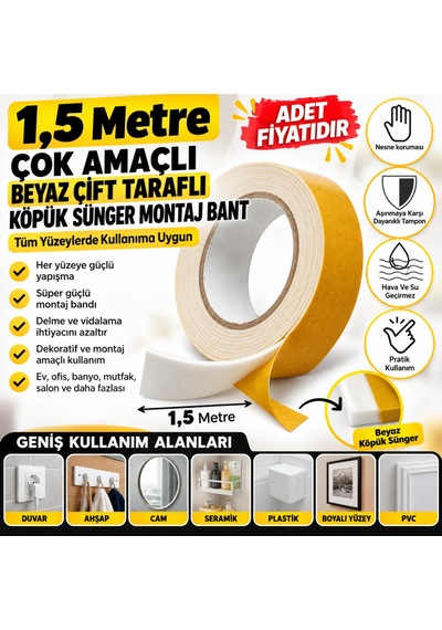 Çok Amaçlı Tüm Yüzeylerde Kullanıma Uygun Beyaz Çift Taraflı Köpük Sünger Montaj Bant Adet Fiyatıdır Diğer
